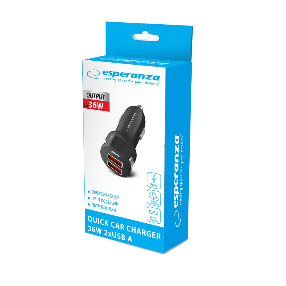 Chargeur rapide Esperanza pour voiture 36 W, 2 ports USB-A 18 W 